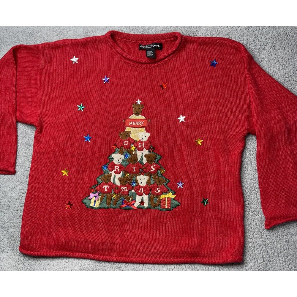 Christmas Sweater Teddy Bear Tree Work in Progress Womens L/XL? See Measurements